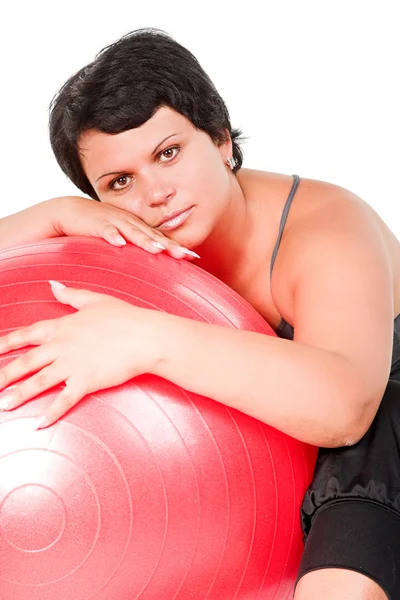 Mulher gorda com grande bola vermelha — Fotografia de Stock