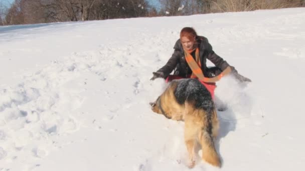 Красотка с собакой в зимней стране — стоковое видео