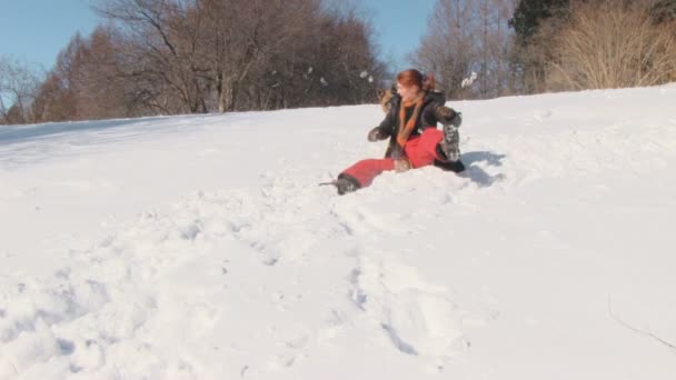 Belleza mujer con perro en invierno país — Vídeo de stock