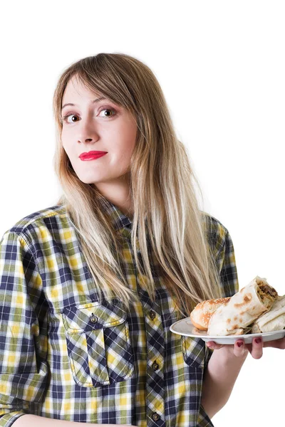 Meisje met fast food — Stockfoto