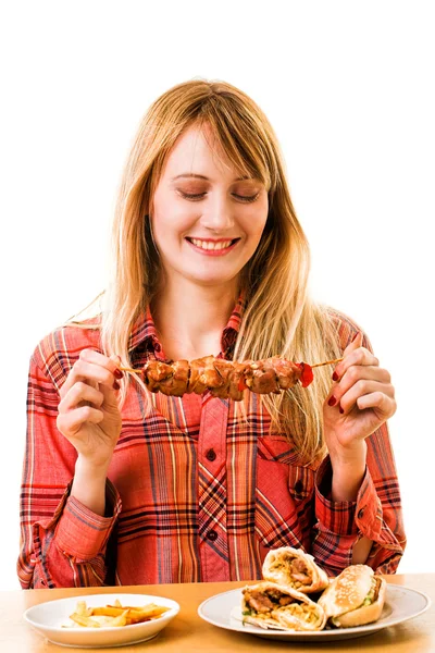 Chica con comida rápida — Foto de Stock