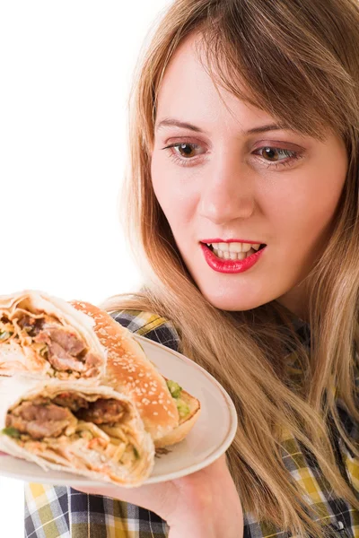 Chica con comida rápida — Foto de Stock