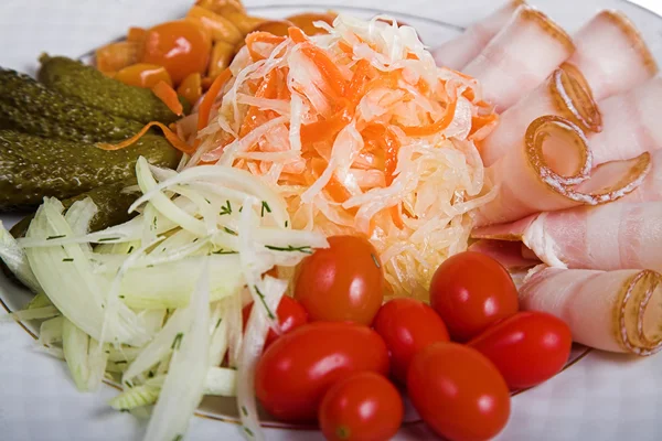 Vegetablesand och bacon — Stockfoto