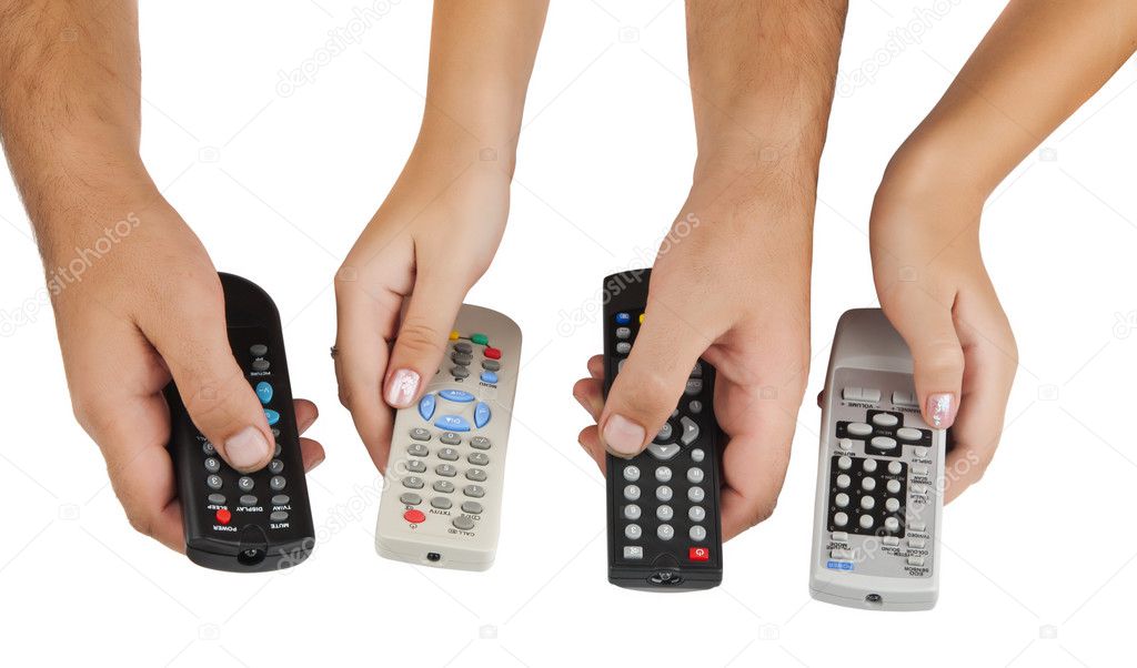 TV remote controls in their hands