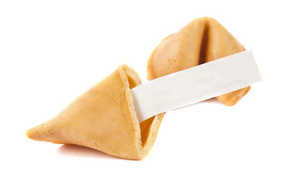 Galleta de la fortuna con deslizamiento en blanco aislado —  Fotos de Stock