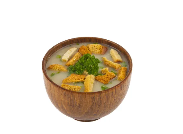 Soup in a wooden bowl isolated — Stock Photo, Image