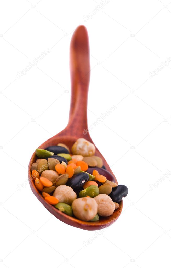 豆类 豆类 豌豆 扁豆木匙上的集合 图库照片 C Ksena32
