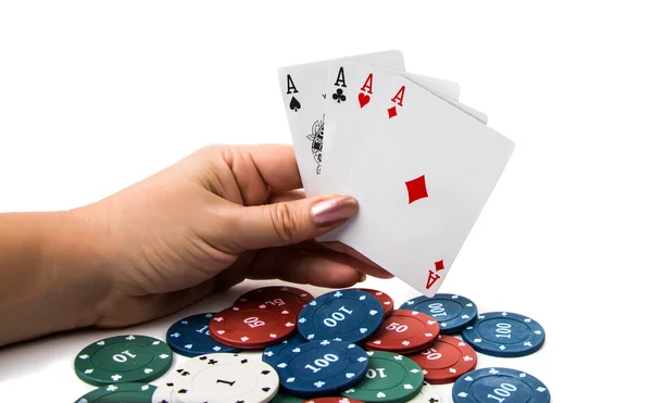 Four aces with poker chips — Stock Photo, Image