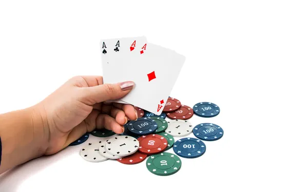 Four aces with poker chips — Stock Photo, Image