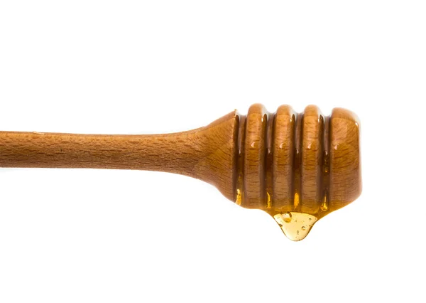 Med kapající z dřevěného medového drtiče — Stock fotografie