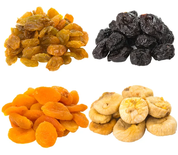 Prunes, figs, dried apricots isolated on white background — Stock Photo, Image