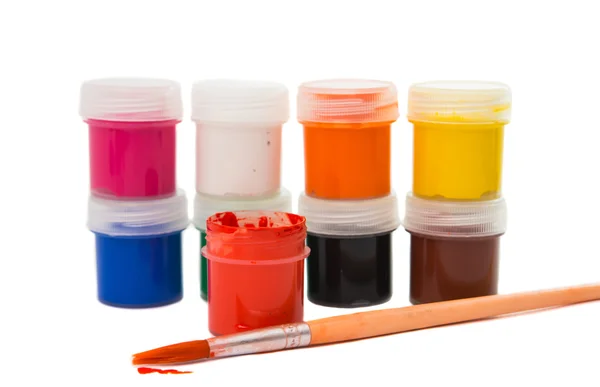 Gouache of paint and brush — Stock Photo, Image