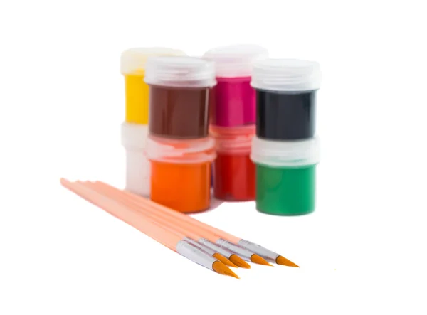 Gouache of paint and brush — Stock Photo, Image