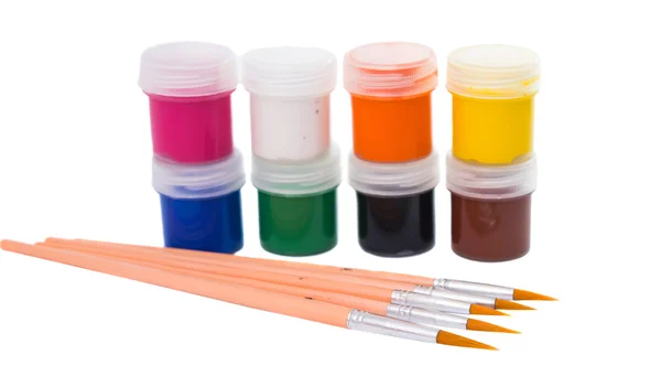 Gouache of paint and brush — Stock Photo, Image