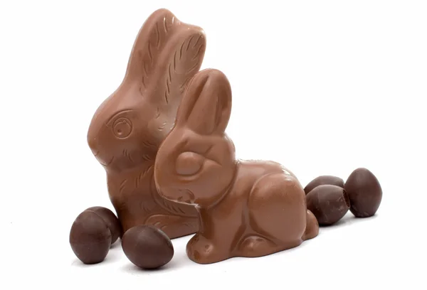 Chocolate bunny with eggs — Stock Photo, Image