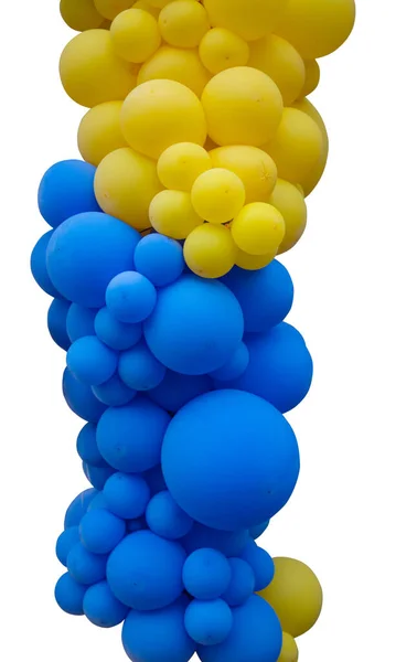 Wiele Żółtych Niebieskich Balonów Izolowanych Białym Tle — Zdjęcie stockowe
