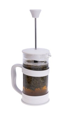 Beyaz arka planda izole edilmiş çay ve kahve için Fransız presi 