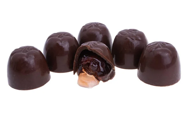 Chocolate Candies Cherries Liqueur Isolated White Background — Fotografia de Stock