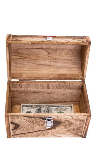 Деревянный Сундук Долларом Белом Фоне — стоковое фото