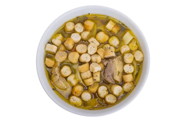 Caldo Galinha Com Croutons Isolado Fundo Branco — Fotografia de Stock