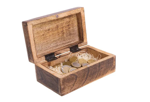 Евро Монеты Деревянной Коробке Изолированы Белом Фоне — стоковое фото