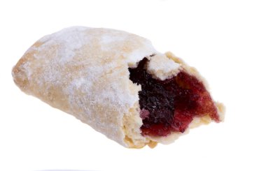 cookies in powdered sugar with jam isolated on white background