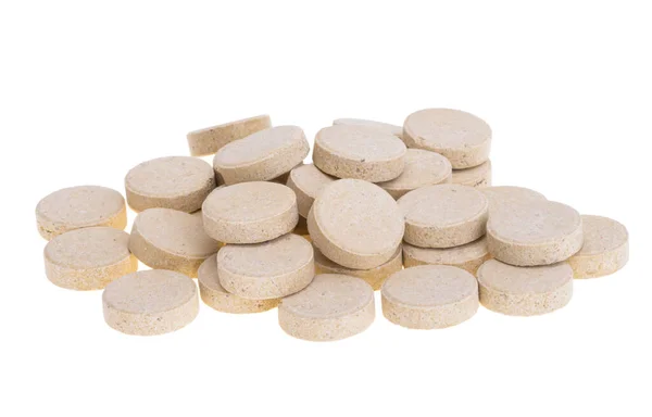 Tabletták Kerek Elszigetelt Fehér Alapon — Stock Fotó