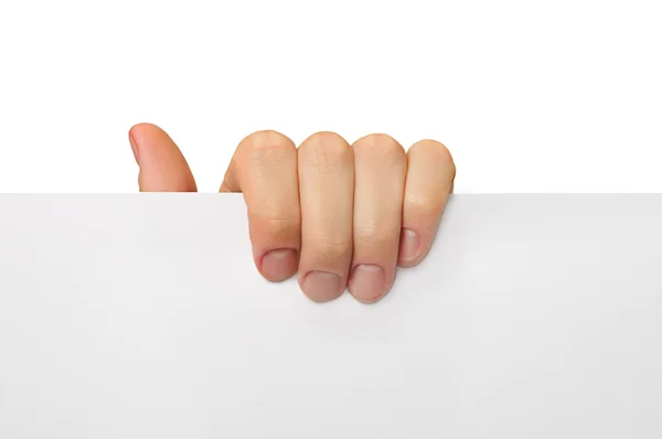 Hand halten mit Fingern weißes Papier Stockbild