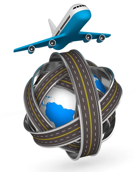 Roads round globe and airplane on white background. Isolated 3D — Stock Photo, Image