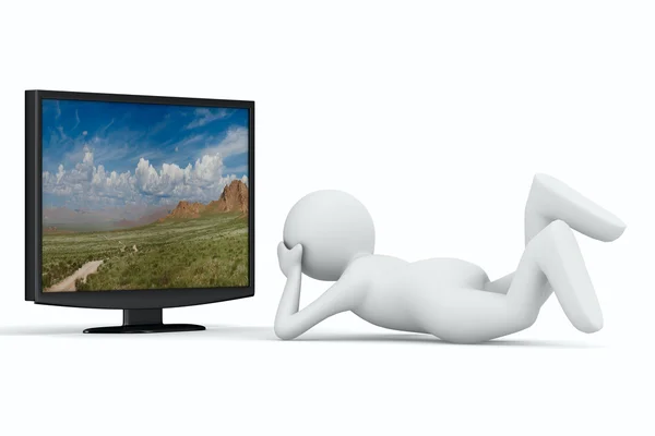 TV e uomo su sfondo bianco. Immagine 3D isolata — Foto Stock