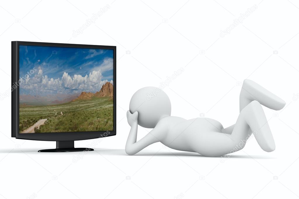 TV and man on white background. Isolated 3D image