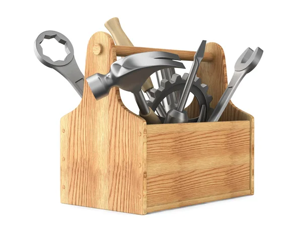 Caixa de ferramentas de madeira com ferramentas. Imagem 3D isolada — Fotografia de Stock