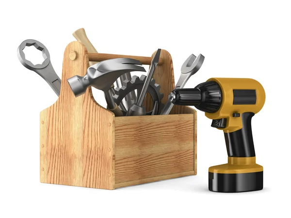Cassetta degli attrezzi in legno con utensili. Immagine 3D isolata — Foto Stock