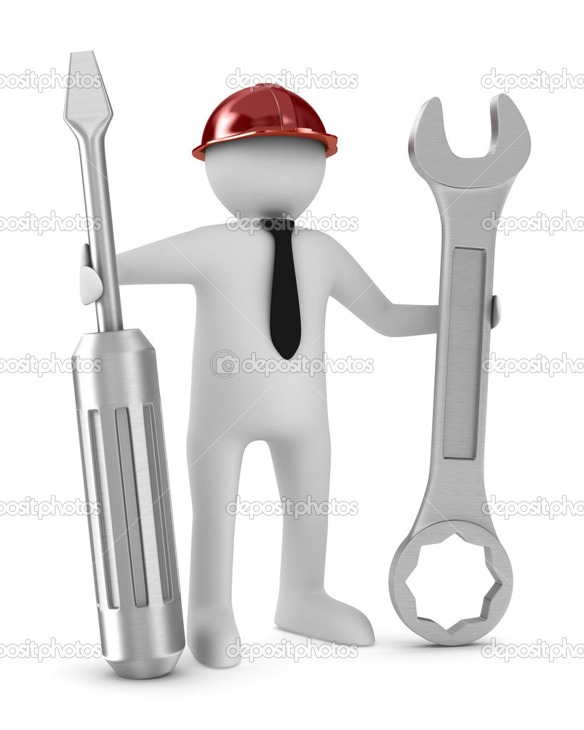 Man with screwdriver and spanner on white background. Isolated 3