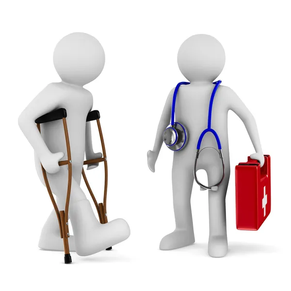 Man on crutches and doctor. Isolated 3D image — Stock Photo, Image
