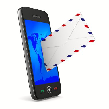 telefon ve posta beyaz zemin üzerinde. izole 3d görüntü