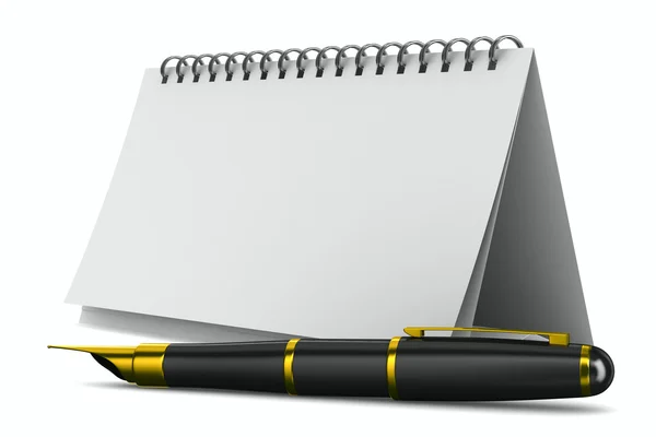 Quaderno e penna su sfondo bianco. Immagine 3D isolata — Foto Stock