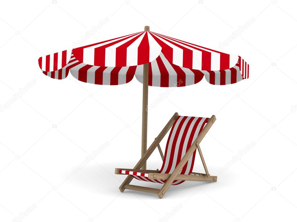 Deckchair and parasol on white background. Isolated 3D image