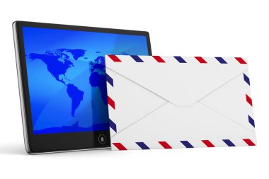 Tablet ve beyaz arka plan üzerinde zarf. izole 3d görüntü