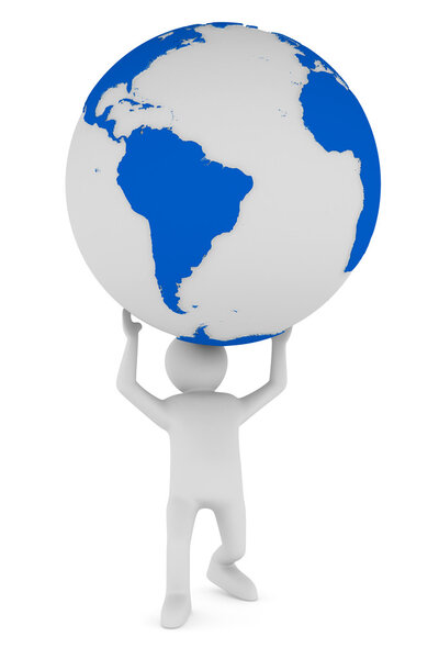 man and globe on white background. Isolated 3D image