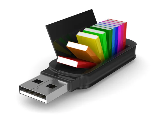 USB flash drive e libri su sfondo bianco. Immagine 3D isolata — Foto Stock