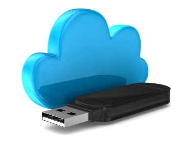 USB flash sürücü ve bulut beyaz zemin üzerinde. izole 3d görüntü
