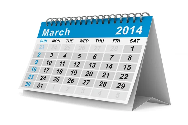 Календарь 2014 года. В марте. Изолированное 3D изображение — стоковое фото