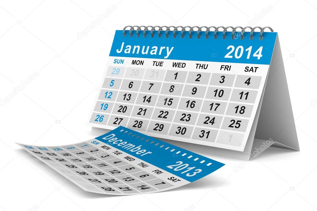 2014 year calendar. January. Isolated 3D image