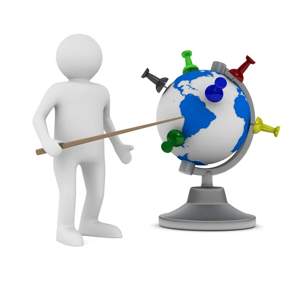 Mens en globe op witte achtergrond. geïsoleerde 3D-beeld — Stockfoto