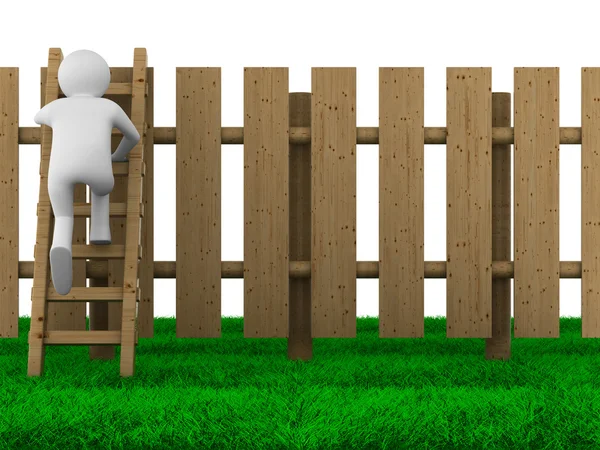 L'uomo sale sulla scala attraverso la recinzione. Immagine 3D isolata — Foto Stock