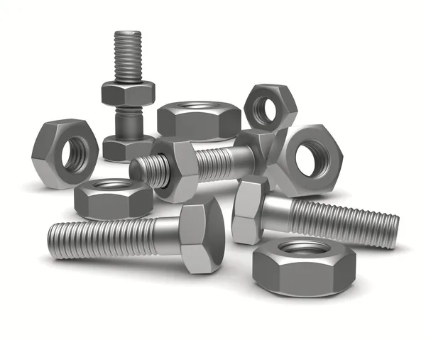Bolts and nuts on white background. Isolated 3D image — Stock Photo, Image