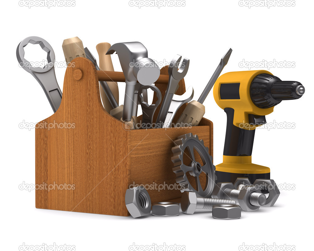 Wooden toolbox with tools. Isolated 3D image