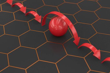 Arkaplanda kırmızı topun üzerinden atlayan oklar. 3B illüstrasyon