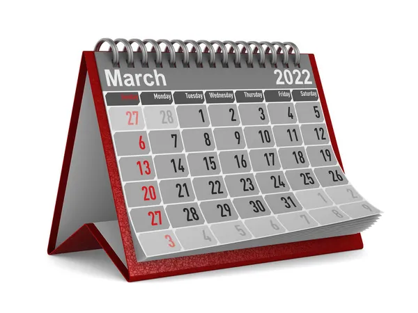 2022 Год Календарь Март Изолированная Иллюстрация — стоковое фото